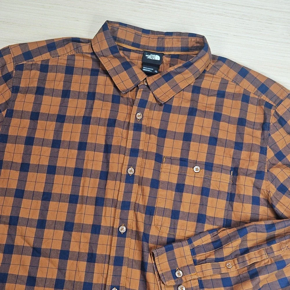 The North Face Button Down Mens XXL Brown Plaid Long Sleeve Outdoor Hiking Shirt